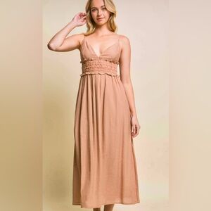 Acaza Persimmon Rust Smocked Crochet Lace Midi Dress